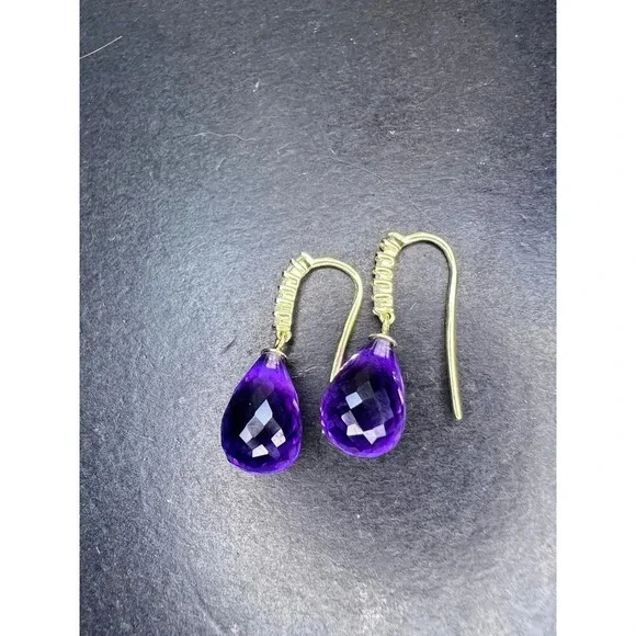 14k gold amethyst briolette and diamond dangle earrings